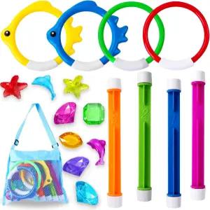 유준 18PCS 수영장 다이빙 수영 장난감 물고기 스틱이 있는 여름 수중 게임 생일 파티를 위한 반지 보석