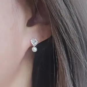 여성 기념일 큐빅 하트 진주 미니 액세서리 귀걸이