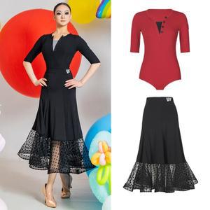 여성호환용 볼룸 댄스 의상 왈츠 원피스 성인 라틴 연습복 블랙 폴카 도트 스커트 대회 DNV22644 2025