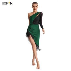 라틴 댄스 드레스 스팽글 차차 탱고 여성 카바레 술 반짝 이는 라인 석 원 숄더 파티 볼룸