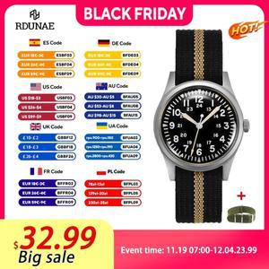 2025 새로운 RDUNAE RA03 34.5mm 군사 남자 빈티지 쿼츠 시계 G10 Miyota K1 미네랄 유리 스테인레스 스틸