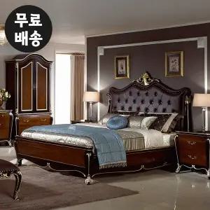 [벤티스가구]델피 엔틱 원목 침대프레임 퀸사이즈 골드 고급 가죽 헤드 2인용 안방 부부 침대(Q)