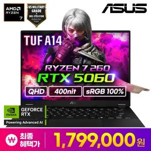 (예약판매)ASUS TUF A14 FA401UM-RG007 특가 179만 라이젠7-260/32GB/RTX5060 QHD 게이밍 노트북 휴대용 겜트북 원탑
