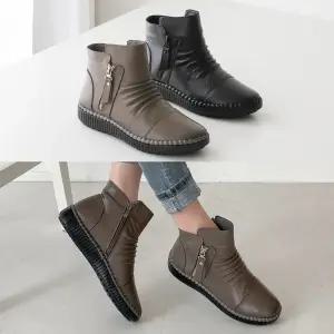 [올팜슈즈] 여성 천연소가죽 지퍼 장식 셔링 통굽 발편한 숏 앵클 부츠 3.5cm