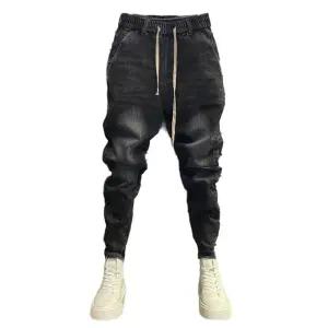 남성 배기팬츠 항아리 청바지 허리 밴드 스판 조거 데님 카고 검은 색 28