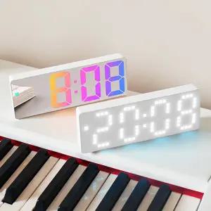 무선 탁상 시계 디지털 미러 인테리어 led 탁상 시계 알람 온도 화이트 컬러 3단 조절 날짜 밝기
