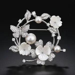 [하프클럽/]브로치 꽃 진주 꽃다발 원형 지르코니아 실버