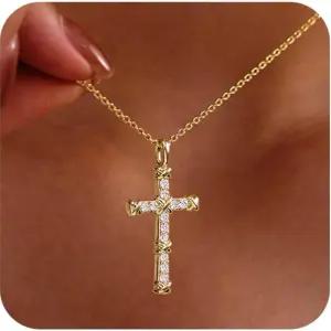여성용 BRAYEG 14K 골드 크로스 목걸이 필 스털링 실버 CZ 다이아몬드 십자가 펜던트 부활절 크리스마스
