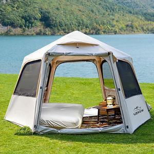 UZKEW 헥사곤 풍선 캠핑 텐트, 1-4인용 문 2개 및 메쉬 윈도우 퀵 셋업 텐트 에어 글램핑 대형 방수 방풍, 야외 수동 펌프 시즌