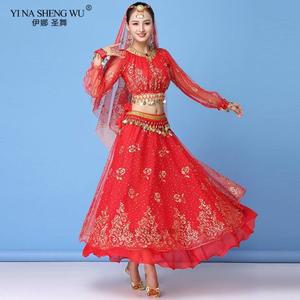 밸리댄스 스포츠 댄스복 의상 성인 볼리우드 드레스 여성 인도 댄스 사리 밸리 복장 공연 의류 시폰 긴 소매