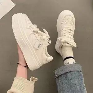 여성 화이트 통굽 레이스업 키높이운동화 스니커즈화-WFIOUYA