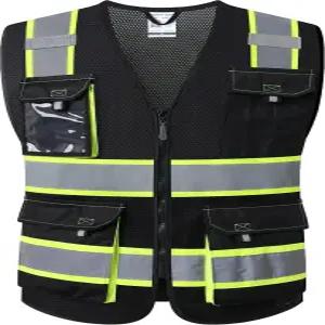 JKSafety Hi Vis 남성용 반사 안전 조끼 포켓 원단 건설 의류 작업용 네온 (220-블랙 남성)
