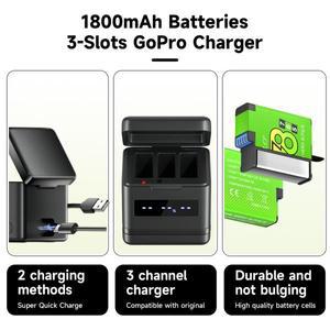 고프로 8 7 6 5 배터리 1800mAh 히어로 카메라 + LCD 블랙 충전기 USB 고속 포트