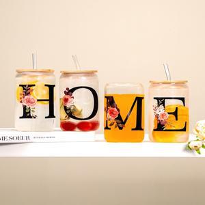 여성용 레터 플라워 A-Z 커피 컵 대나무 뚜껑 빨대 생일 발렌타인 데이 선물 사무실 및 가정 16OZ 유리 500