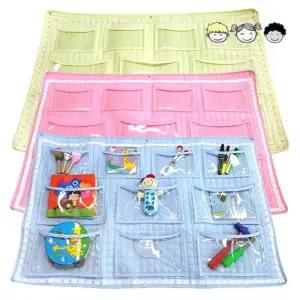 국산 순면 누빔 벽걸이 가로 3단 헝겊 책꽂이 비닐포켓 유아용 좋은재질 벽부착