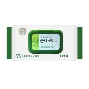 E로운생활 녹차 물티슈 캡형 휴대용 엠보싱원단 도톰한 물티슈 80매x10팩