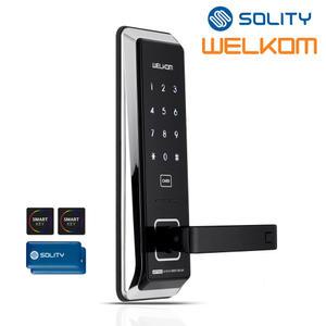 솔리티 웰콤 무타공도어록 WST500 카드키4개+번호키 0초바로잠금 현관문 디지털도어락 생활방수 전기충격무력화 스마트라이팅 허수기능 강력한 내구성 주키형