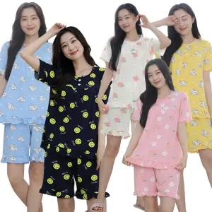 여성 피치 반팔 여름 잠옷 세트 사방스판 여자 커플 학생 실내복 홈웨어 파자마 주니어 프릴 러블리