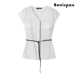 [롯데백화점]보니스팍스 노카라 스티치 슬리브리스 벨트 블라우스 (XP6SH033M0)