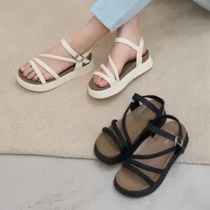 여자 심플 크로스 스트랩 미니버클 키높이 샌들