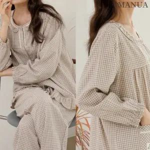 [기타브랜드]마누아 여성 체크잠옷 데일리 베이직 프릴 40수 순면 파자마 상하 세트 선물