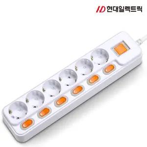 현대 멀티탭 6구 3m 과부하차단 개별스위치 안전접지 콘센트 난연재질 KC인증 정품