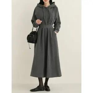 [하프클럽/]젠저 기모 후드 허리 밴딩 롱 원피스_BDOP112