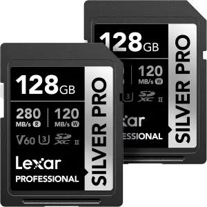 렉사 128GB(2-PK) 프로페셔널 실버 프로 SD 카드 UHS-II C10 U3 V60 풀 HD 4K 최대 280MB/s 읽기 SDXC