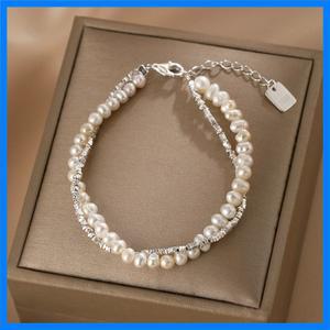 여성을위한 패션 925 스털링 실버 진주 팔찌 여자 럭셔리 더블 레이어 진주 실버 체인 팔찌 파티 쥬얼리 선