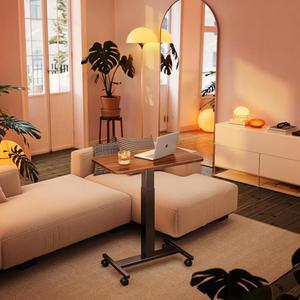 화누오 소형 롤링 노트북 스탠딩 데스크, 잠금식 캐스터가 있는 높이 조절 가능한 모바일 T-베이스 데스크, 침대 옆 및 소파용 휴대용 스탠드 작업대, 호두나무