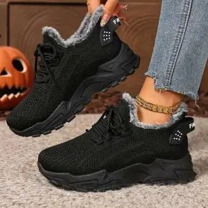 여자 트렌디 따뜻한 니트 메쉬 기모안감 스니커즈