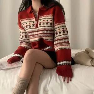 여성 레드 니트 하프집업 오버핏 빈티지