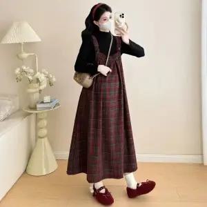 여성패션 정장세트 가을 겨울바람 롱 체크 모직 임산부 빅사이즈 원피스 세트 DL4