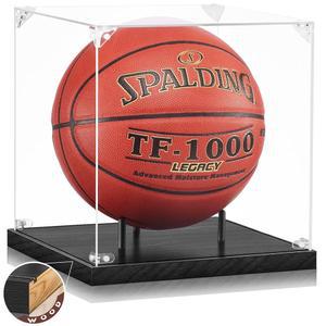 JupDec 농구 디스플레이 케이스 클리어 풀 선물, 10인치 볼 사인된 자외선 사이즈, 보관함 WNBA 기념품 이상적인 단단한 축구 아크릴 박스, 스탠드 베이스, 차단 나무 표준 블랙 NBA