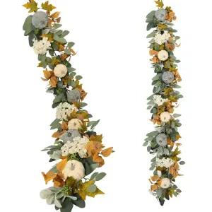 가을 호박 화환 152.4cm(60인치), Quixem 가을 유칼립투스  양 귀 화환, 흰색 수국 악센트, 추수감사절 할