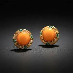 호박 원석 빈티지 오리엔탈 엠버 골드 스터드 이어링