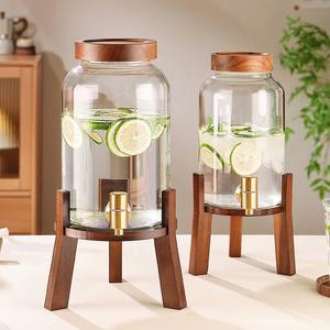 카페물통 워터 디스펜서 5L 있는 상사나무 내열유리 유리병 물병 수전이 우드 냉수주전자 뚜껑과
