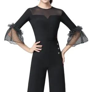 여성 라인댄스복 상의 블랙 중소매 모던 슬림 댄스복 사교