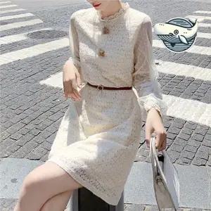 여성용 시스루 소매 브로치 플라워 레이스 여성원피스 하객룩원피스 데일리원피스