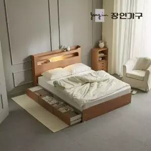 장인가구 메이비 LED 직선헤드 수납 침대프레임 K +본넬매트 (높이230)
