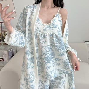 예고니 수채화 시원한 뜨왈 실켓 로브가운 여성잠옷 여름 잠옷