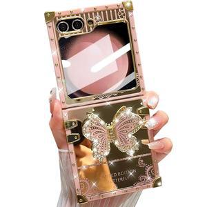 갤럭시 Z 플립 6 5G 케이스 글리터 킥스탠드 케이스, 귀여운 럭셔리 반짝이는 스탠드 미러 백 우아한 충격 방지 커버 6, 핑크