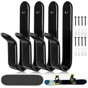 [미국배송] ZONON 4개 수평 스노보드 벽걸이 클립 스케이트보드 디스플레이 랙 실내 보관실 차고 홈 롱보드 스키(블랙)