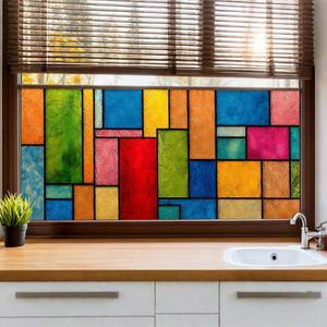 WDESYADMS 창문 프라이버시 필름 39x17 인치 컬러풀 기하학적 스테인드글라스 디자인 필 앤 스틱 거실 침실 욕실 유리문용 정적 접착 장식