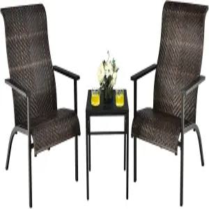 탱쿨라 3피스 파티오 비스트로 가구 세트 커피 테이블이 있는 PE 라탄 의자 높은 등받이와 녹슬지 않는