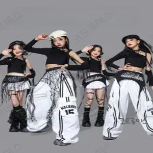 코드루이스 시크한 블랙 태슬 탑 화이트 벌룬스커트 여아 방송댄스복 스우파 힙합 댄스학원
