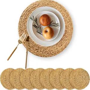MRS Woods Events 라운드 우븐 플레이스 매트 세트 8 13.5인치 라탄 보호 워터 히아신스 농가 위커 식탁용