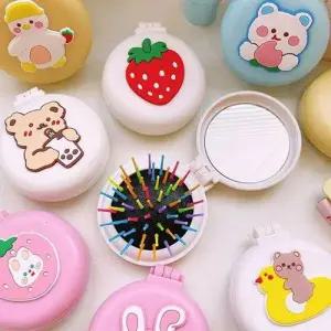 귀여운 캐릭터 접이식 원형 거울빗 세트 손거울 빗 W9AC75A