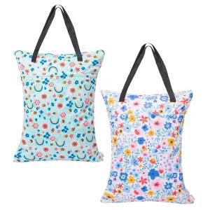 알바베이비 2팩 대형 습식 드라이백 방수 걸이 기저귀 이중 지퍼 포켓 포함 25x18인치(무지개 및 꽃)