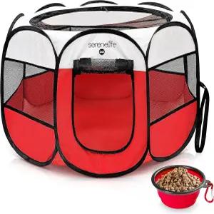 음식/물 그릇 메시 운동 강아지 놀이터 펫 하우스 실내외 여행 및 캠핑 반려동물 사육장(레드-미디엄)을